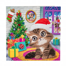 Kat med nissehue diamantkort 15 x 15 cm