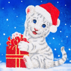 Hvid tigerunge med nissehue - Diamant Julekort 18 x 18 cm
